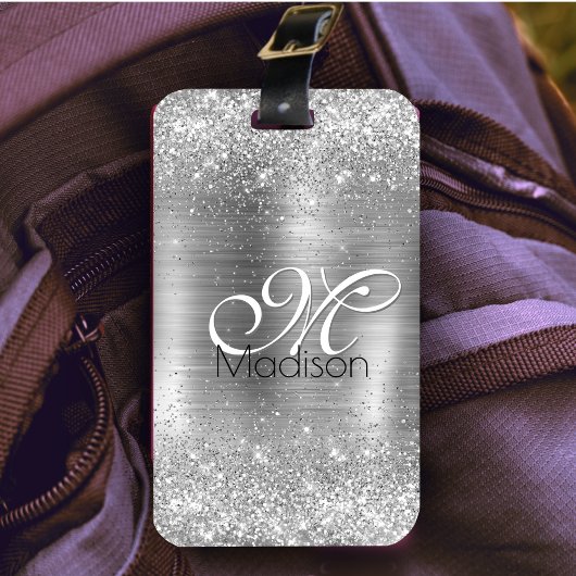 キュートつや消しメタル銀フェイクグリッターモノグラム ラゲッジタグ