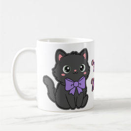 キュートでかわいいふわふわグレー猫の大きなパープルのリボンのマグカップ コーヒーマグカップ