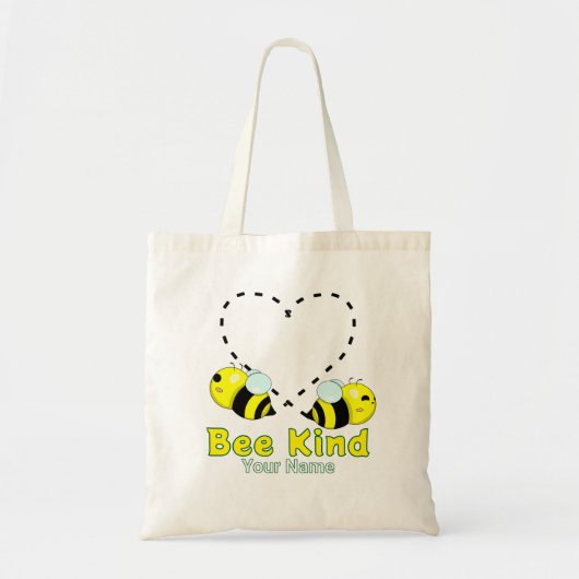 キュートでかわいいハチのハート "Bee Kind" 名前入りデザイン トートバッグ (正面)
