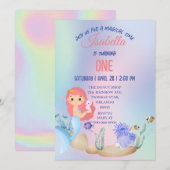 キュートでカラフルなマーメイドのレインボー誕生日パーティーの子供たち 招待状 (正面/裏面)