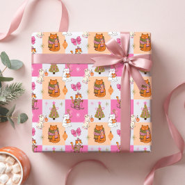 キュートでカラフルなレトロホリデークリスマスの猫 ラッピングペーパー