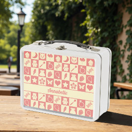 キュートでガーリーなモダンピンク チェック柄 アイコンパターン メタルランチボックス