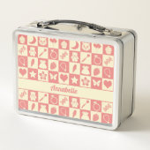 キュートでガーリーなモダンピンク チェック柄 アイコンパターン メタルランチボックス (裏面)