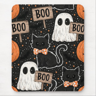 キュートでスプーキーなハロウィンパーティーの猫と幽霊のブー マウスパッド