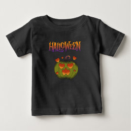 キュートでスプーキーなハロウィン 高級感のあるグリーンとオレンジ ベビーTシャツ
