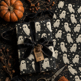 キュートでスプーキーなヴィンテージゴーストのブラック&ホワイトハロウィン ラッピングペーパー