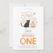 キュートでスプーキーな1体のかわいいオバケのハロウィン1歳の誕生日 招待状 (正面)