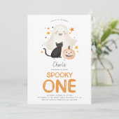 キュートでスプーキーな1体のかわいいオバケのハロウィン1歳の誕生日 招待状 (スタンド正面)