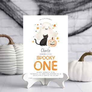 キュートでスプーキーな1体のかわいいオバケのハロウィン1歳の誕生日 招待状