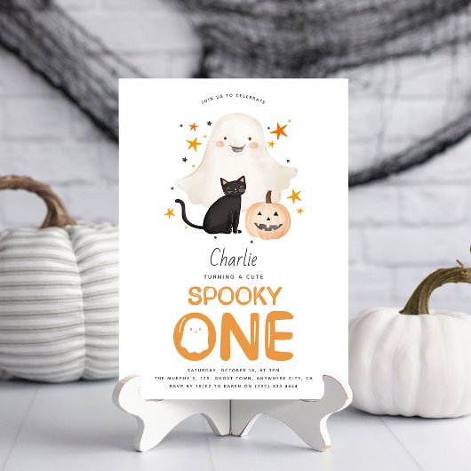 キュートでスプーキーな1体のかわいいオバケのハロウィン1歳の誕生日 招待状