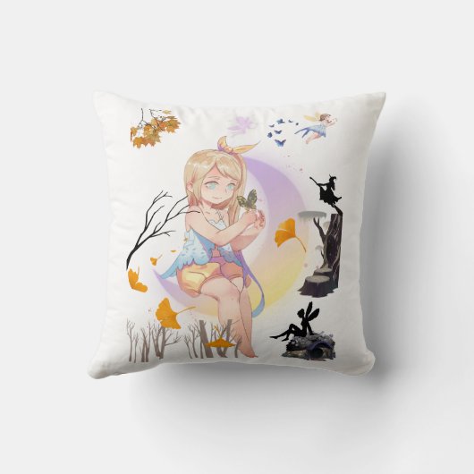 キュートでファンタジックな妖精の女の子 魔法の自然の装飾 クッション (裏面)