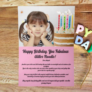 キュートでファンタジーな花とユニコーンの写真入りキッズ誕生日 箔グリーティングカード