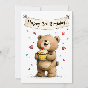 キュートでホイッシカルなテディベアの3歳の誕生日おめでとう フラット カード
