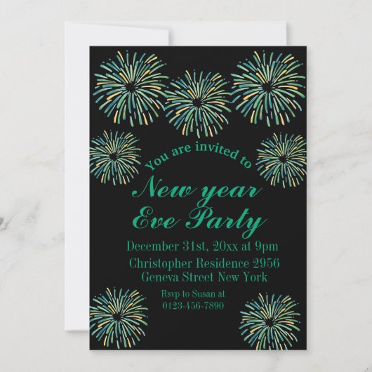キュートでモダンなスパークリングブラックニューイヤーイブパーティー 招待状 (正面)