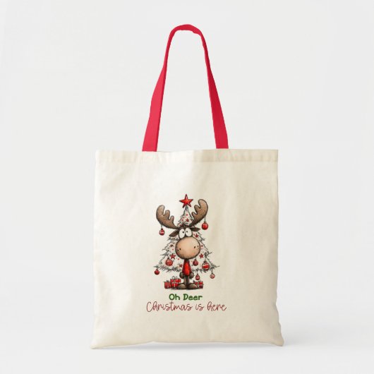 キュートで変わったトナカイの「Oh Deer, Christmas Is Here」 トートバッグ (正面)