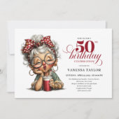 キュートで面白い女性の50歳の誕生日 カートゥーン ユーモア 招待状 (正面)