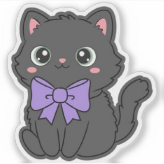 キュートなかわいいふわふわ猫の大きな紫のバウ・ビニール シール