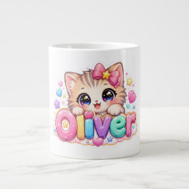 キュートなかわいいオリバー猫の名前 パステルピンクスパークル ジャンボコーヒーマグカップ