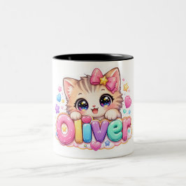 キュートなかわいいオリバー猫の名前 パステルピンクスパークル ツートーンマグカップ