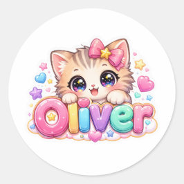 キュートなかわいいオリバー猫の名前 パステルピンクスパークル ラウンドシール