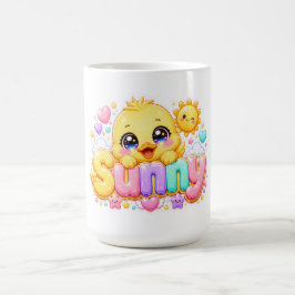 キュートなかわいいサニーひよこネームステッカー パステルピンクスパークル コーヒーマグカップ