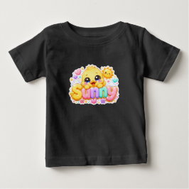キュートなかわいいサニーひよこネームステッカー パステルピンクスパークル ベビーTシャツ