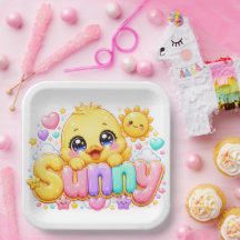キュートなかわいいサニーひよこネームステッカー パステルピンクスパークル