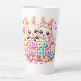 キュートなかわいいハッピーウェディングバニーカップルパステルピンク カフェラテマグ