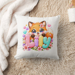 キュートなかわいいリリーフォックス名入りパステルピンクフラワーの木製 クッション