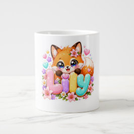 キュートなかわいいリリーフォックス名入りパステルピンクフラワーウッド ジャンボコーヒーマグカップ
