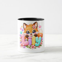 キュートなかわいいリリーフォックス名入りパステルピンクフラワーウッド マグカップ
