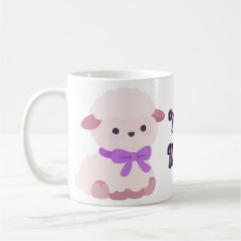 キュートなかわいい座っているふわふわの子羊パープルリボンマグ コーヒーマグカップ