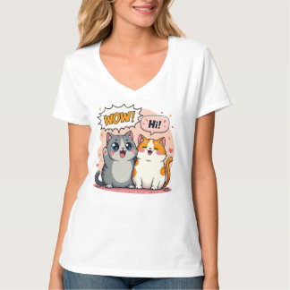 キュートなかわいい猫のコミックが「Wow」や「Hi」と言っているVネックTシャツ Tシャツ