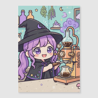 キュートなかわいい紫色の髪の魔法使いのマグネットカード | あったかみのある