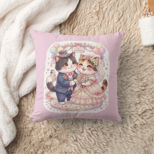 キュートなかわいい結婚式の猫のピンクのスロー クッション (ブランケット)