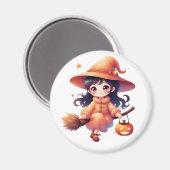 キュートなかわいい魔女のハロウィンマグネット – ほうきを持つ魔女 マグネット (正面/裏面)