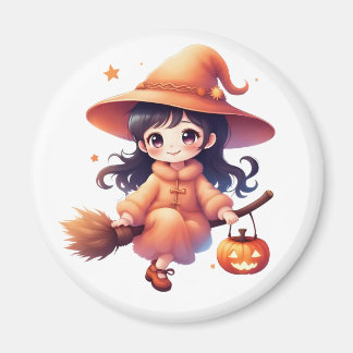 キュートなかわいい魔女のハロウィンマグネット – ほうきを持つ魔女 マグネット