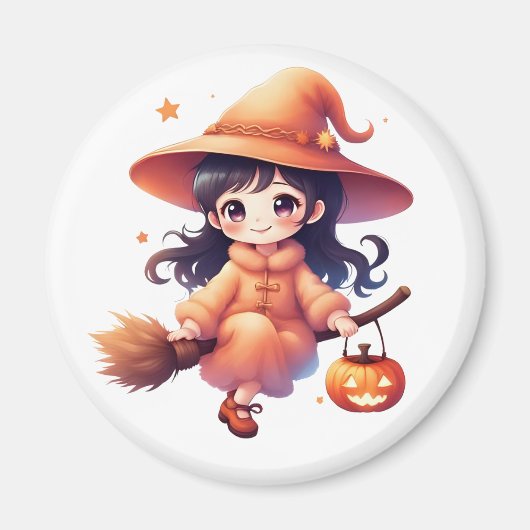 キュートなかわいい魔女のハロウィンマグネット – ほうきを持つ魔女 マグネット (正面)