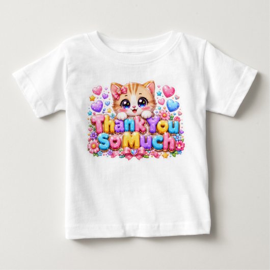 キュートなかわいい「どうもありがとう」ピンクの猫 ベビーTシャツ (正面)