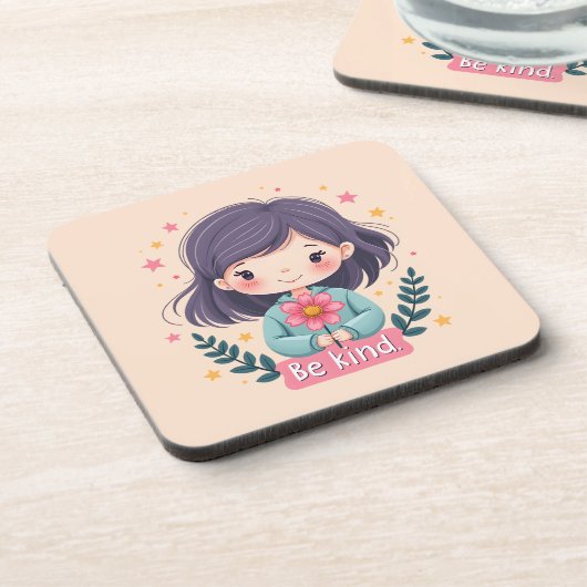 キュートなかわいい "Be Kind" イラスト コースター (左側)