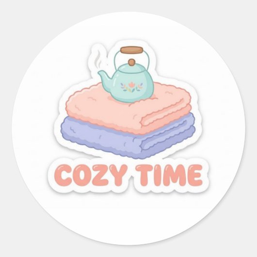 キュートなかわいい「Cozy Time」ステッカー ラウンドシール (正面)