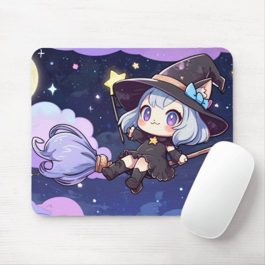 キュートなちび魔女の夜空飛行 – 幻想的なデザイン マウスパッド (マウス)