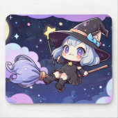 キュートなちび魔女の夜空飛行 – 幻想的なデザイン マウスパッド (正面)