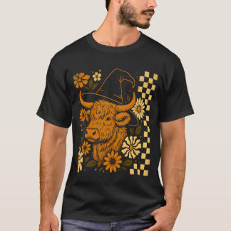 キュートなふわふわ牛のハロウィンフラワー チェッカーボード レトロ Tシャツ