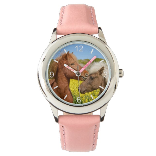 キュートなアイスランドの馬が春の牧草地でカドル –  腕時計 (正面)
