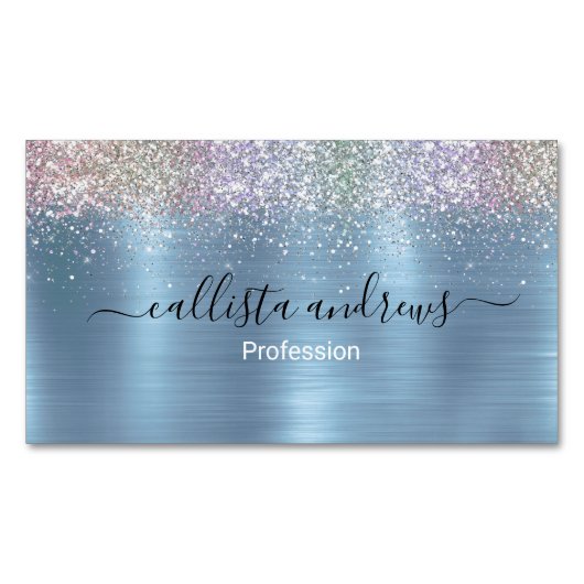 キュートなアイリデセンアイスブルーフェイクグリッター マグネット名刺 (正面)