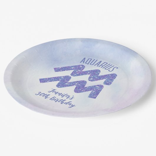 キュートなアクエリアスパープル星占いサインバースデーパーティー ペーパープレート (アングル)