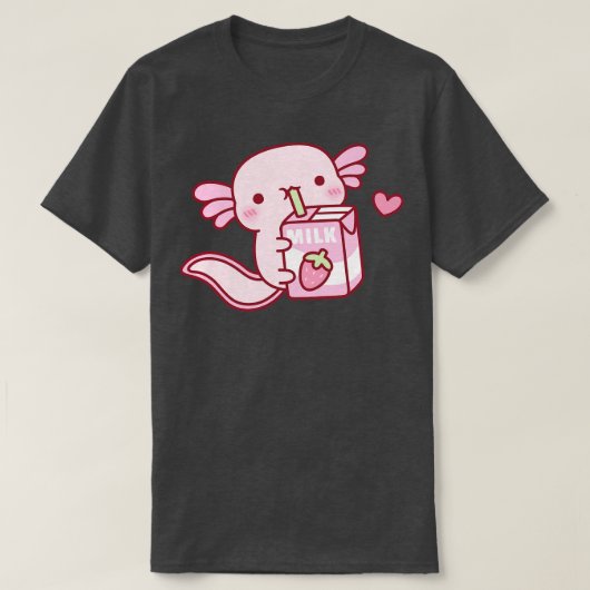 キュートなアクソロトル飲みストロベリーミルク Tシャツ (デザイン正面)