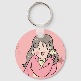 キュートなアニメの女の子がフクロネズミを抱っこ キーチェーン - かわいい