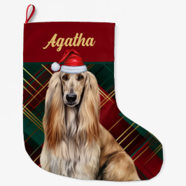 キュートなアフガンハウンドの犬の休日のチェック柄のオーダーメイド ラージクリスマスストッキング